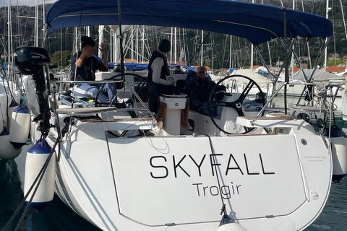 Exterior view of Skyfall, a Elan Impression 45 sailboat at Betina, Croatia