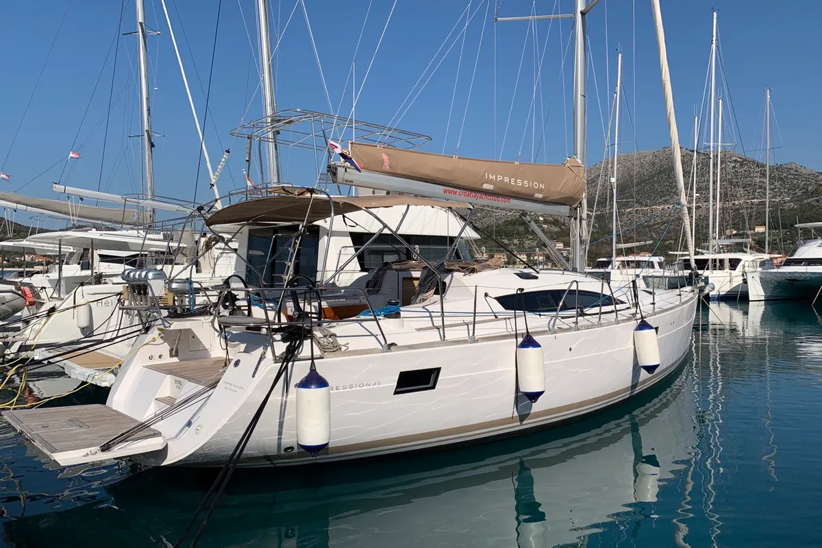 Exterior view of Skyfall, a Elan Impression 45 sailboat at Betina, Croatia
