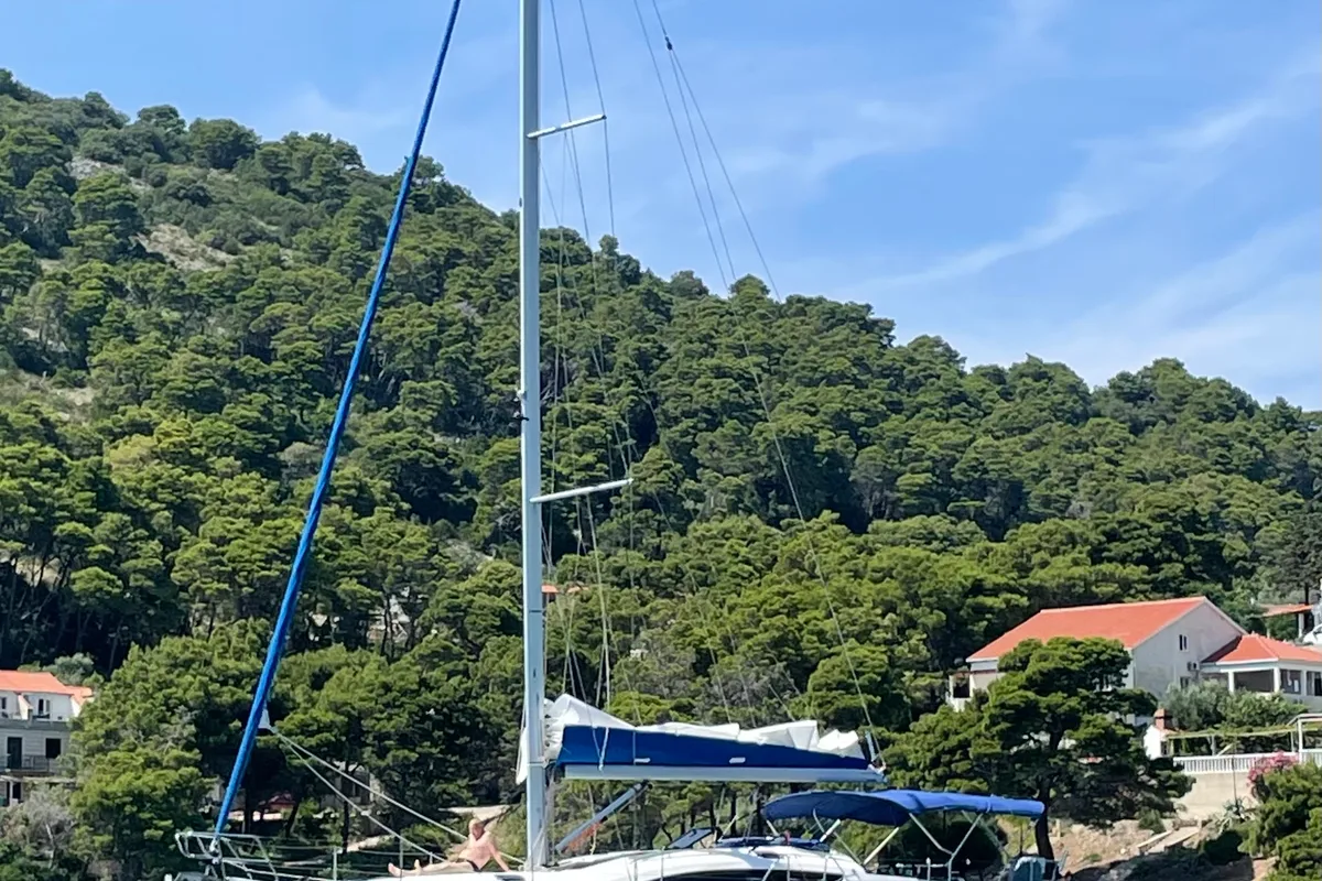 Exterior view of Skyfall, a Elan Impression 45 sailboat at Betina, Croatia