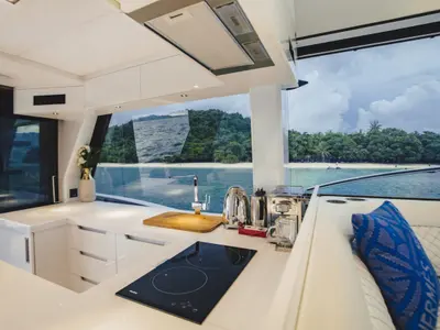 Galley of Liquid Asset, a Galeon 500 Fly motor yacht at Ko Kaeo, Thailand