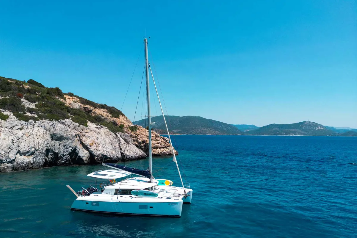 Exterior view of Comfort, a Lagoon 420 catamaran at Bodrum, Turkey