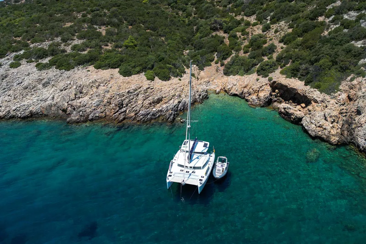 Exterior view of Comfort, a Lagoon 420 catamaran at Bodrum, Turkey
