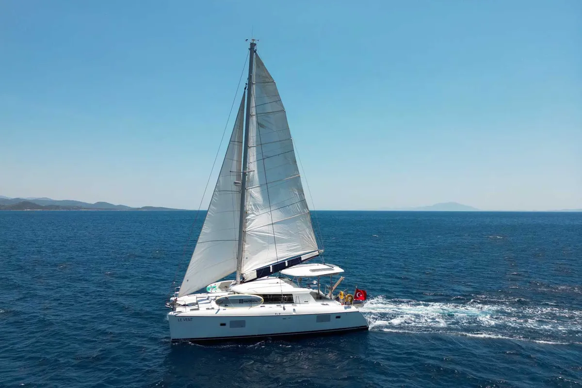 Exterior view of Comfort, a Lagoon 420 catamaran at Bodrum, Turkey