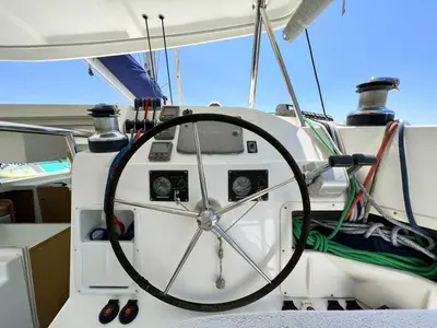 Cockpit of Comfort, a Lagoon 420 catamaran at Bodrum, Turkey