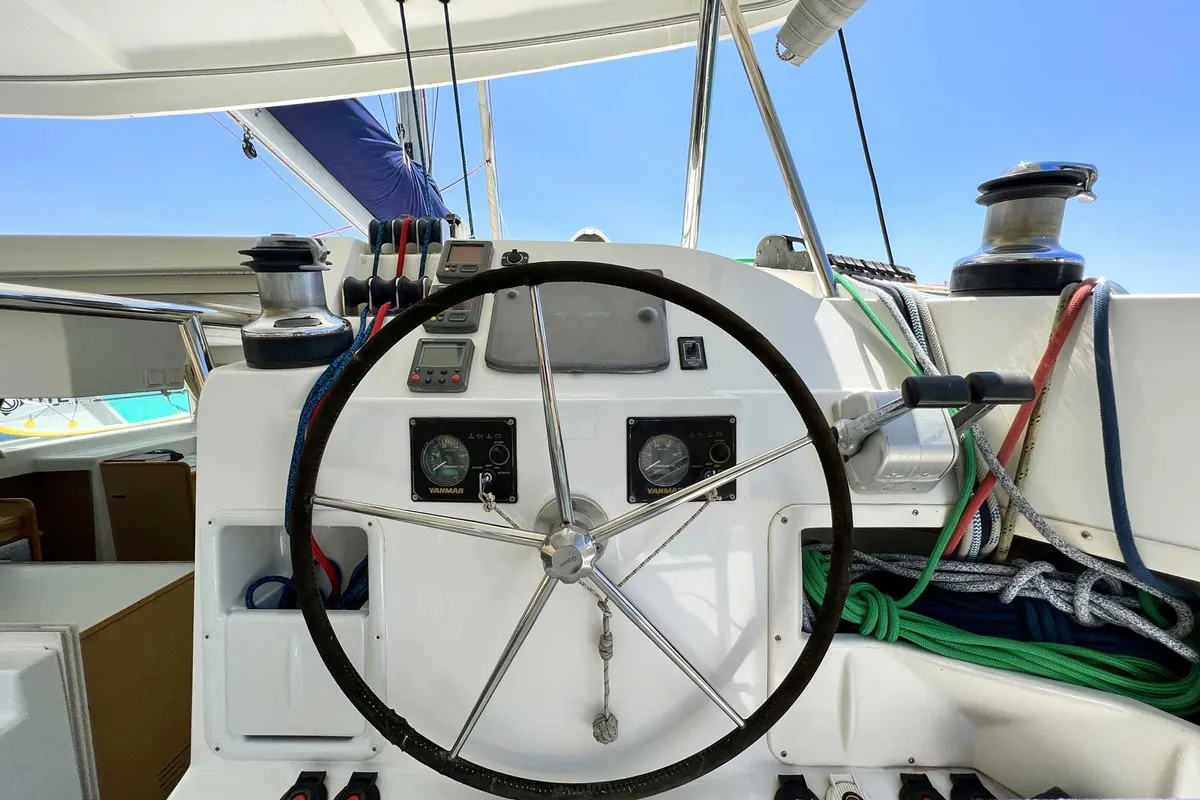 Cockpit of Comfort, a Lagoon 420 catamaran at Bodrum, Turkey