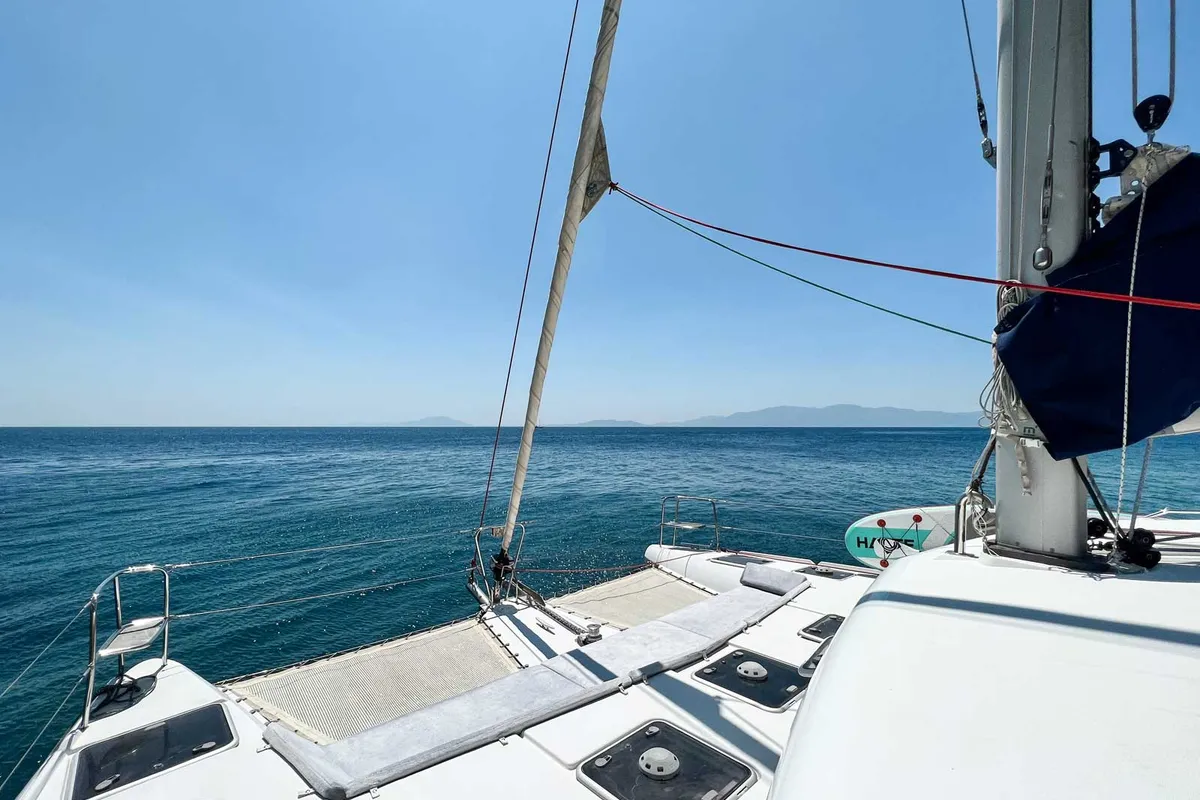 Deck of Comfort, a Lagoon 420 catamaran at Bodrum, Turkey