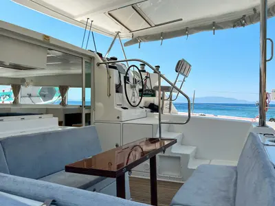Deck of Comfort, a Lagoon 420 catamaran at Bodrum, Turkey