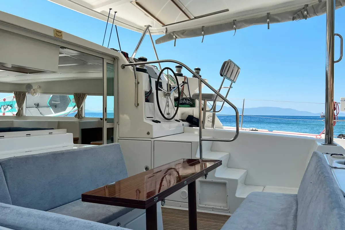 Deck of Comfort, a Lagoon 420 catamaran at Bodrum, Turkey
