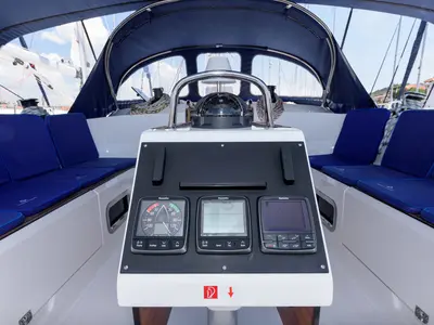 Cockpit of Factor X, a Bavaria Cruiser 46 sailboat at Trogir, Croatia