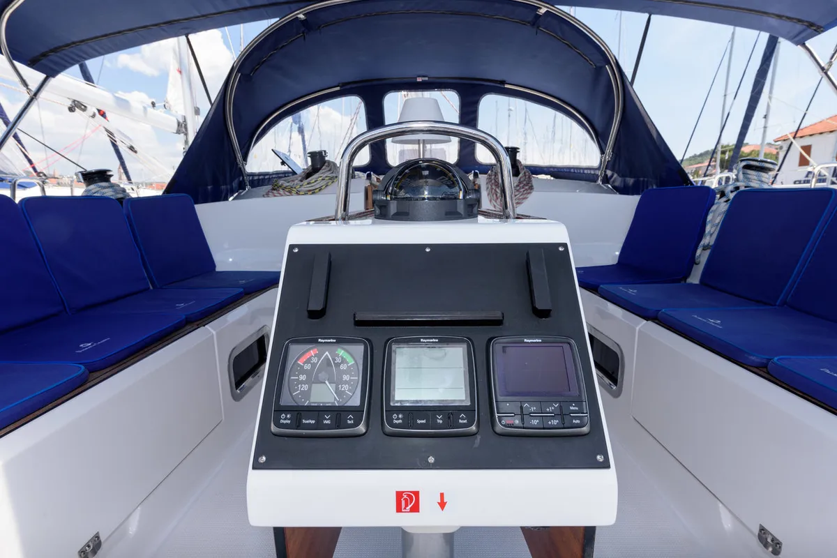 Cockpit of Factor X, a Bavaria Cruiser 46 sailboat at Trogir, Croatia