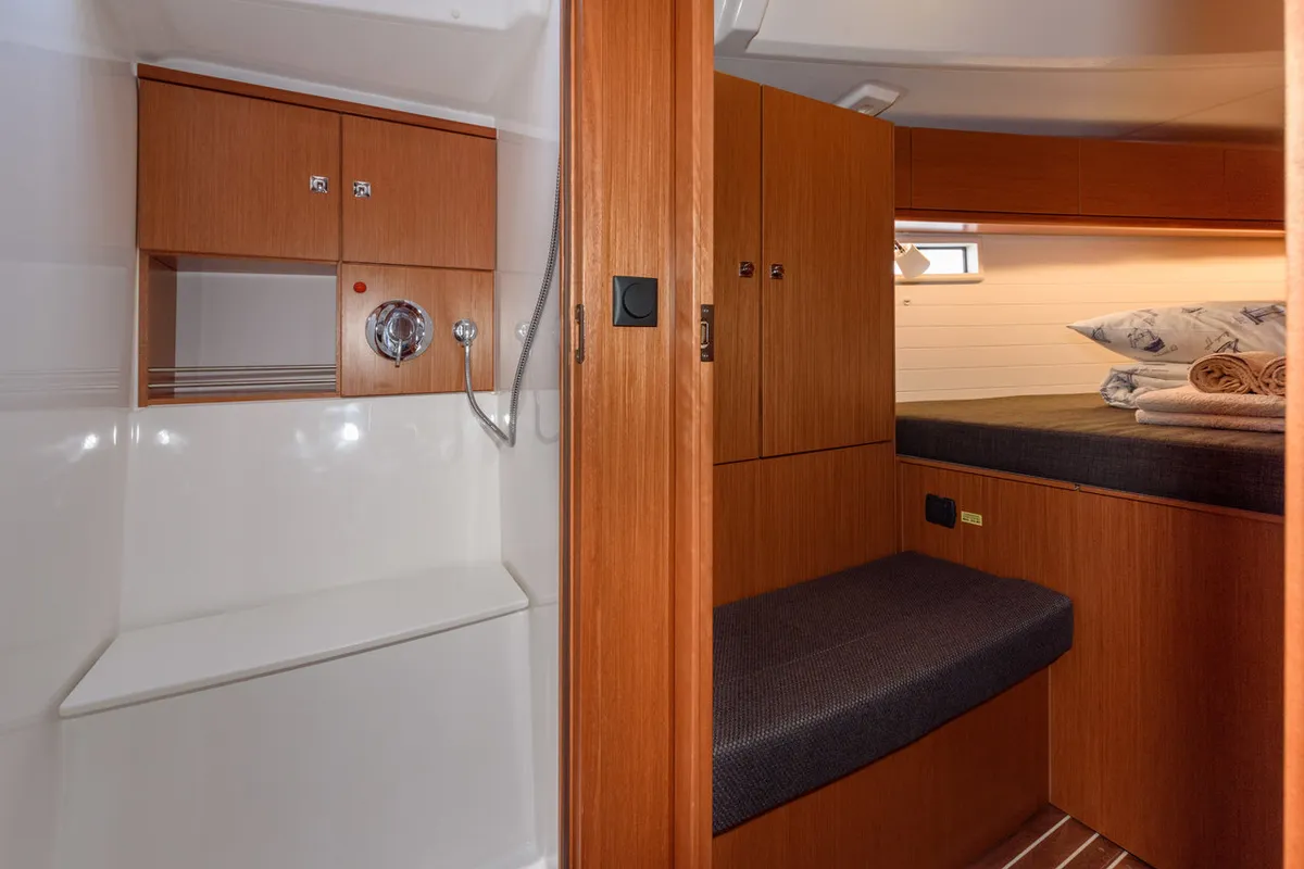 Head on Factor X, a Bavaria Cruiser 46 sailboat at Trogir, Croatia