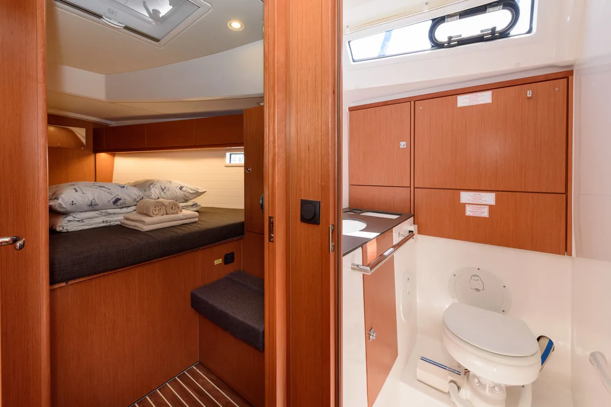 Head on Factor X, a Bavaria Cruiser 46 sailboat at Trogir, Croatia
