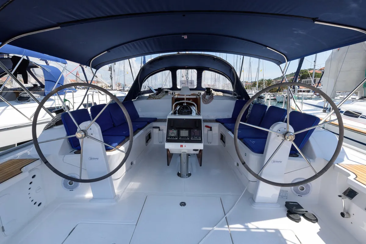 Cockpit of Factor X, a Bavaria Cruiser 46 sailboat at Trogir, Croatia