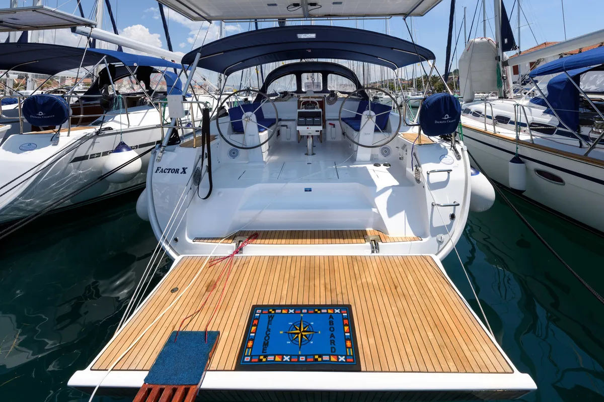 Deck of Factor X, a Bavaria Cruiser 46 sailboat at Trogir, Croatia