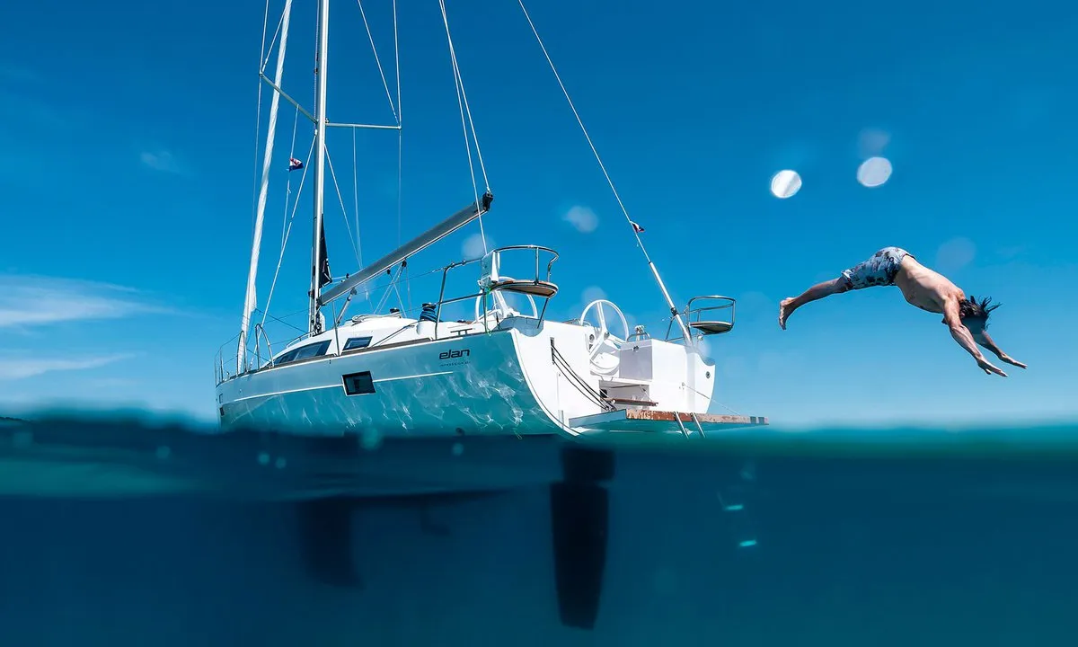 Exterior view of Fjaka, a Elan Impression 45.1 sailboat at Punat, Croatia