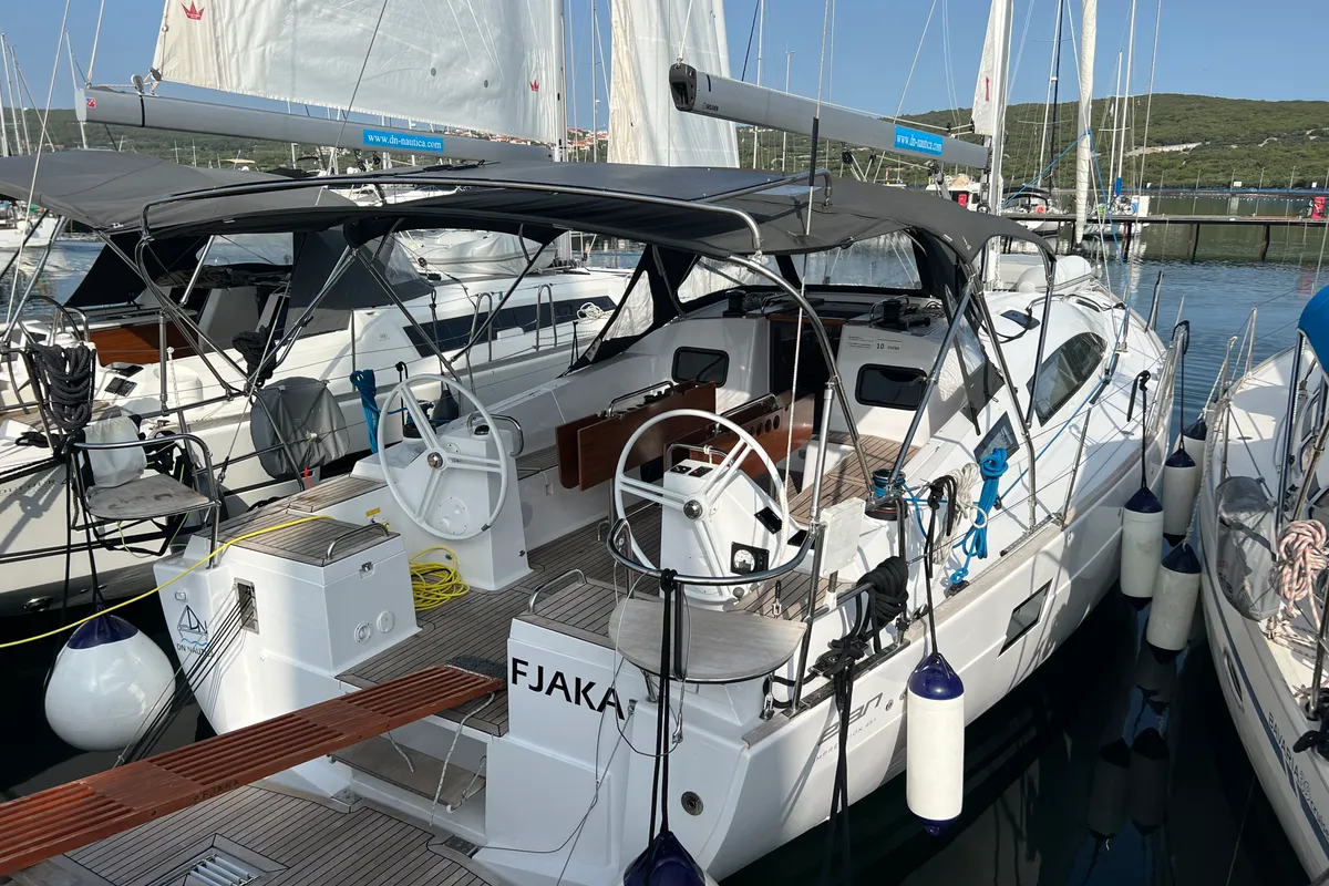 Exterior view of Fjaka, a Elan Impression 45.1 sailboat at Punat, Croatia