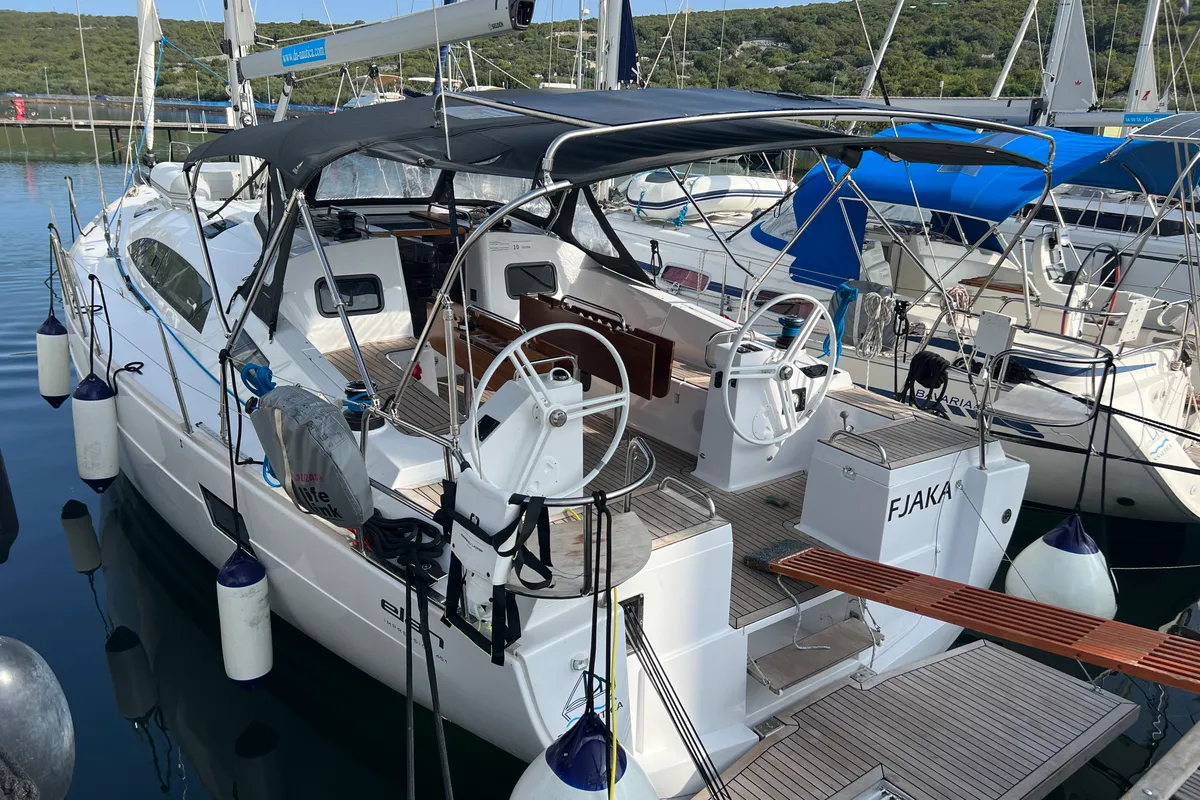 Exterior view of Fjaka, a Elan Impression 45.1 sailboat at Punat, Croatia