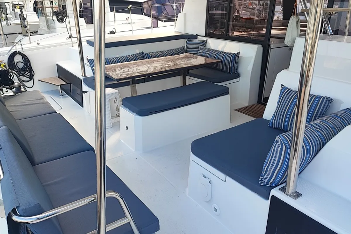 Deck of Gloria, a Fountaine Pajot Astrea 42 catamaran at Fethiye, Turkey