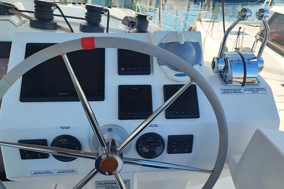 Cockpit of Gloria, a Fountaine Pajot Astrea 42 catamaran at Fethiye, Turkey