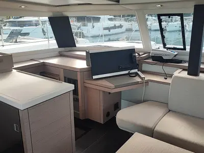 Cockpit of Gloria, a Fountaine Pajot Astrea 42 catamaran at Fethiye, Turkey