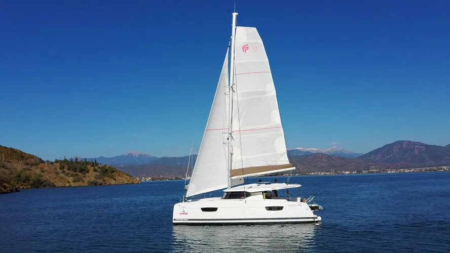 Deck of Gloria, a Fountaine Pajot Astrea 42 catamaran at Fethiye, Turkey