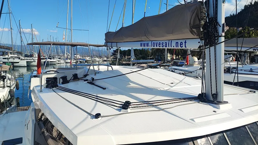 Exterior view of Gloria, a Fountaine Pajot Astrea 42 catamaran at Fethiye, Turkey