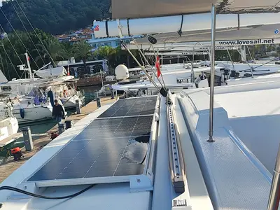 Deck of Gloria, a Fountaine Pajot Astrea 42 catamaran at Fethiye, Turkey