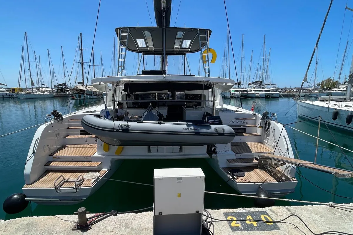 Exterior view of Alexandra, a Lagoon 46 catamaran at Athens, Greece