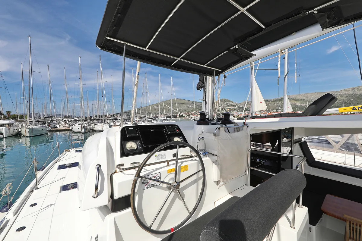 Cockpit of Sophie, a Lagoon 42 catamaran at Grad Trogir, Croatia