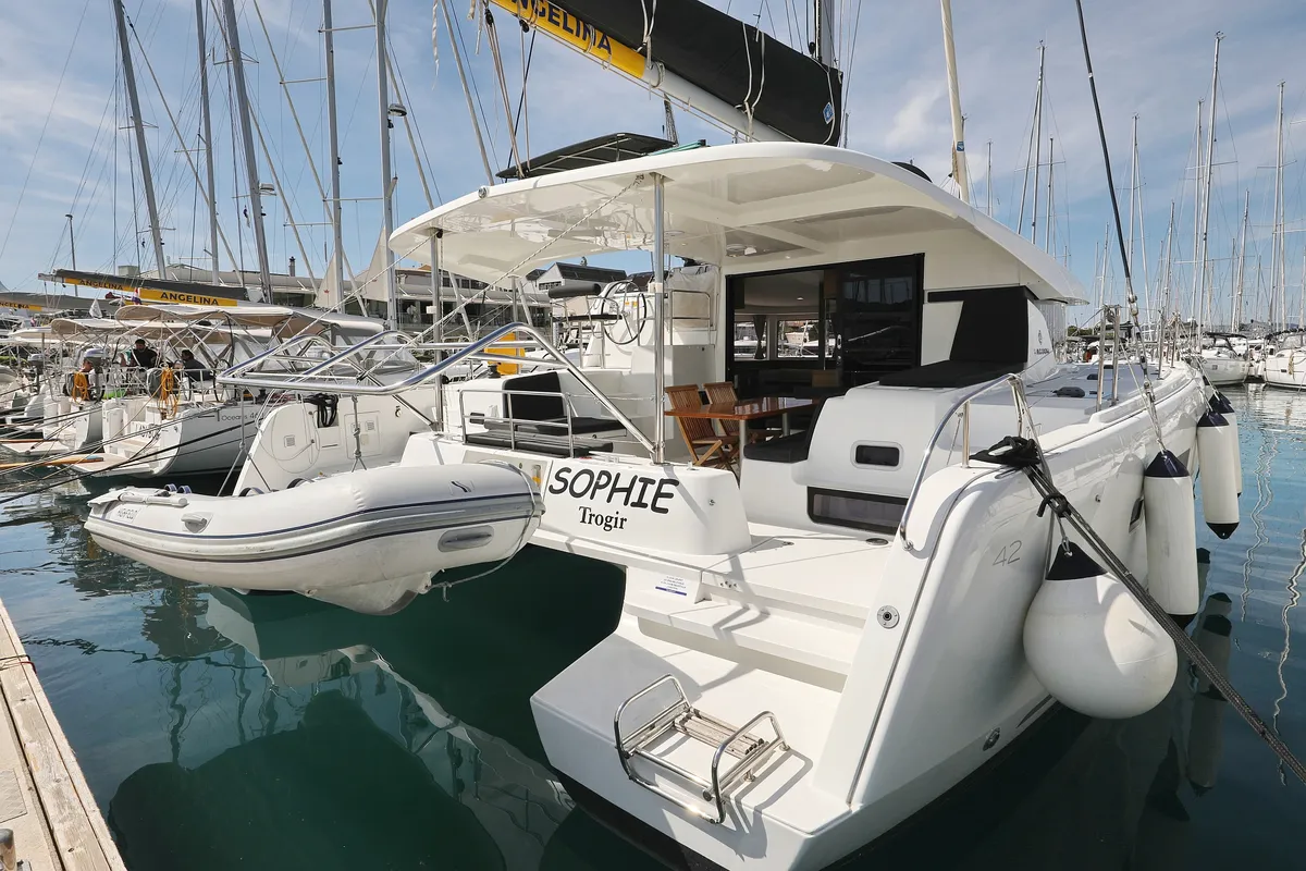 Exterior view of Sophie, a Lagoon 42 catamaran at Grad Trogir, Croatia
