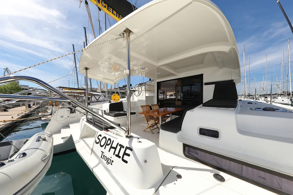 Exterior view of Sophie, a Lagoon 42 catamaran at Grad Trogir, Croatia