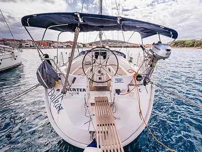 Exterior view of Dolkar, a Bavaria Cruiser 36 sailboat at Betina, Croatia