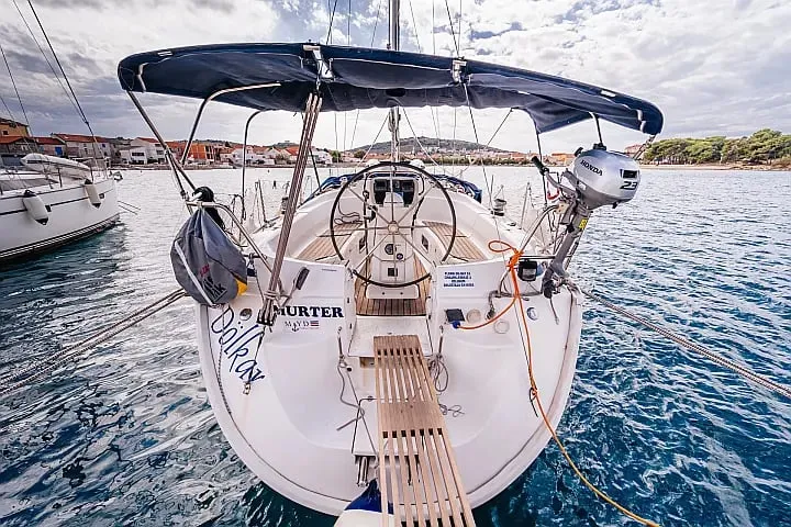 Exterior view of Dolkar, a Bavaria Cruiser 36 sailboat at Betina, Croatia