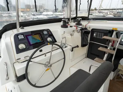 Cockpit of Cappero - Standard line, a Lagoon 42 catamaran at Salerno, Italy