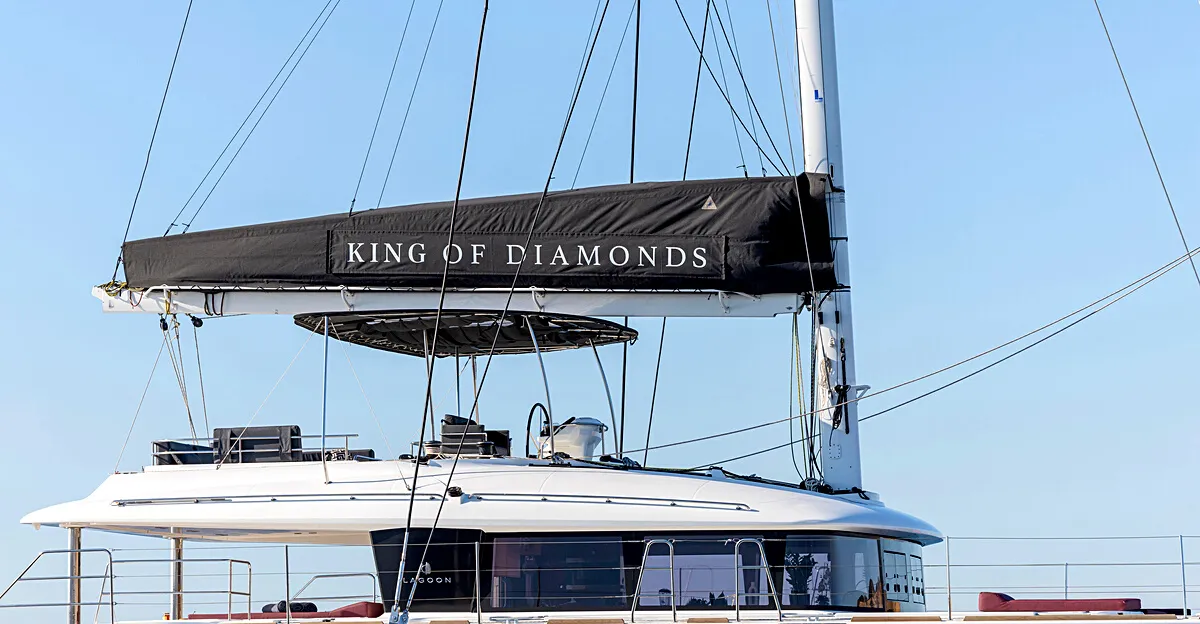 Exterior view of KING OF DIAMONDS, a Lagoon 560 catamaran at Athens, Greece