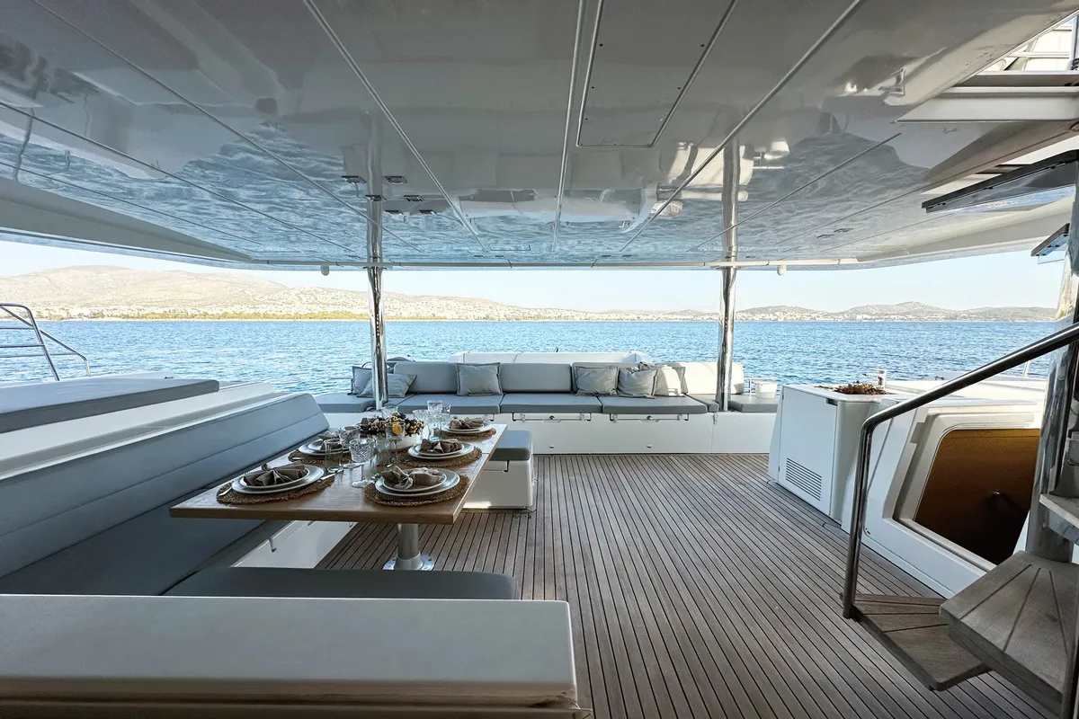 Deck of KING OF DIAMONDS, a Lagoon 560 catamaran at Athens, Greece