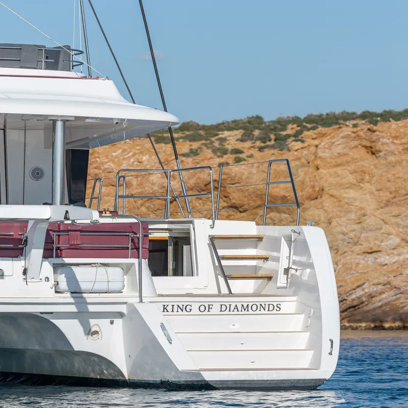 Exterior view of KING OF DIAMONDS, a Lagoon 560 catamaran at Athens, Greece