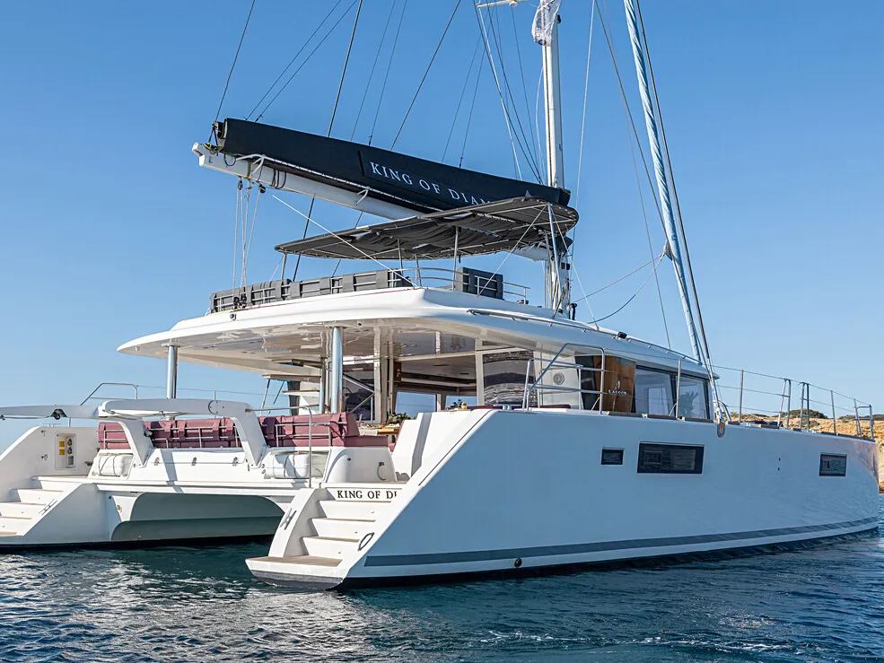 Exterior view of KING OF DIAMONDS, a Lagoon 560 catamaran at Athens, Greece