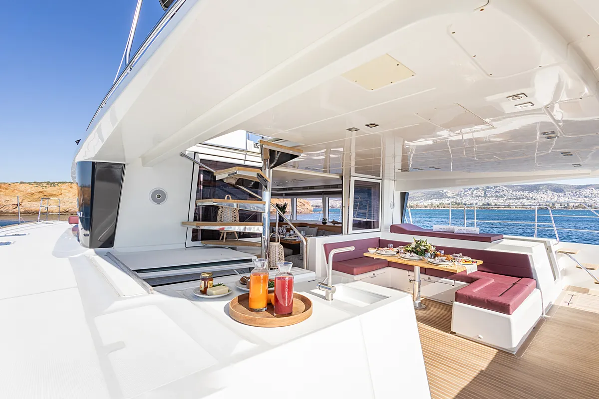Deck of KING OF DIAMONDS, a Lagoon 560 catamaran at Athens, Greece