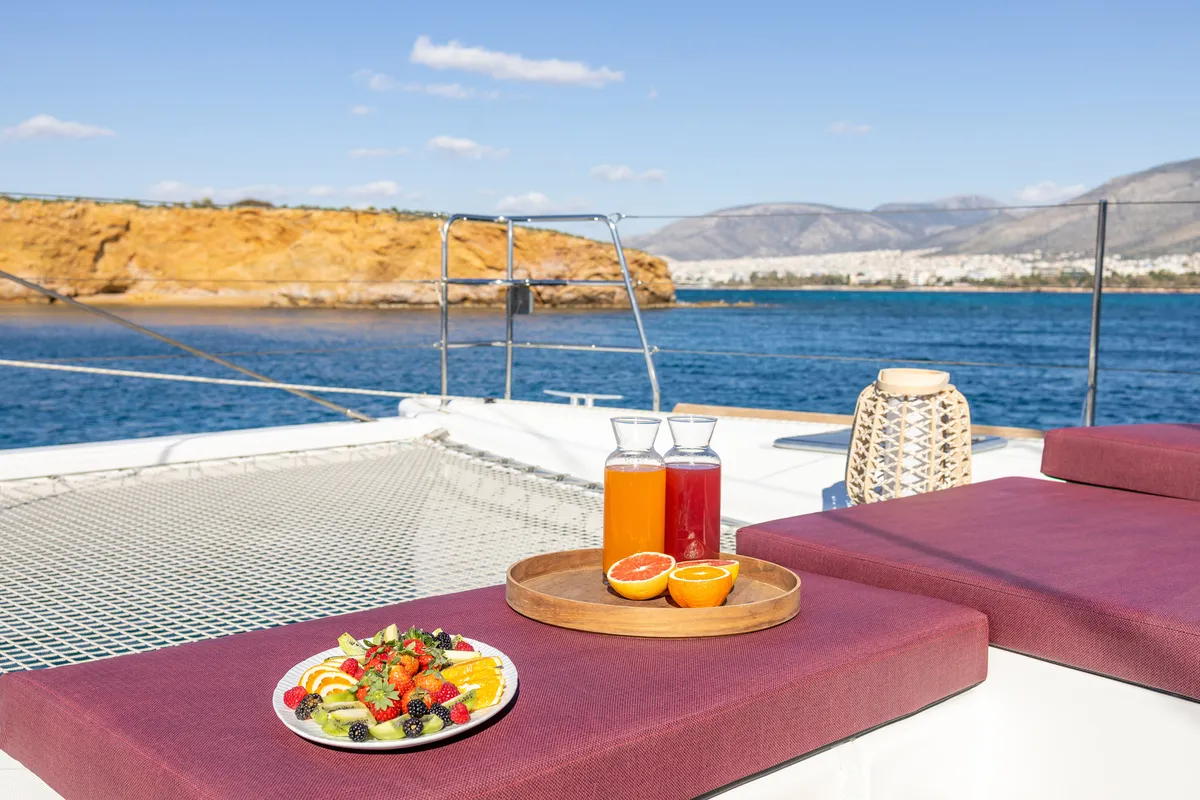 Deck of KING OF DIAMONDS, a Lagoon 560 catamaran at Athens, Greece