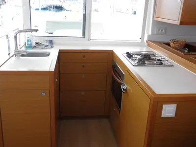 Galley of DOUBLE TROUBLE II, a Lagoon 450 catamaran at Općina Sukošan, Croatia