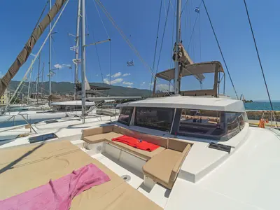 Deck of Princess Bali 4.1, a Bali 4.1 catamaran at Municipal Unit of Lefkada, Greece