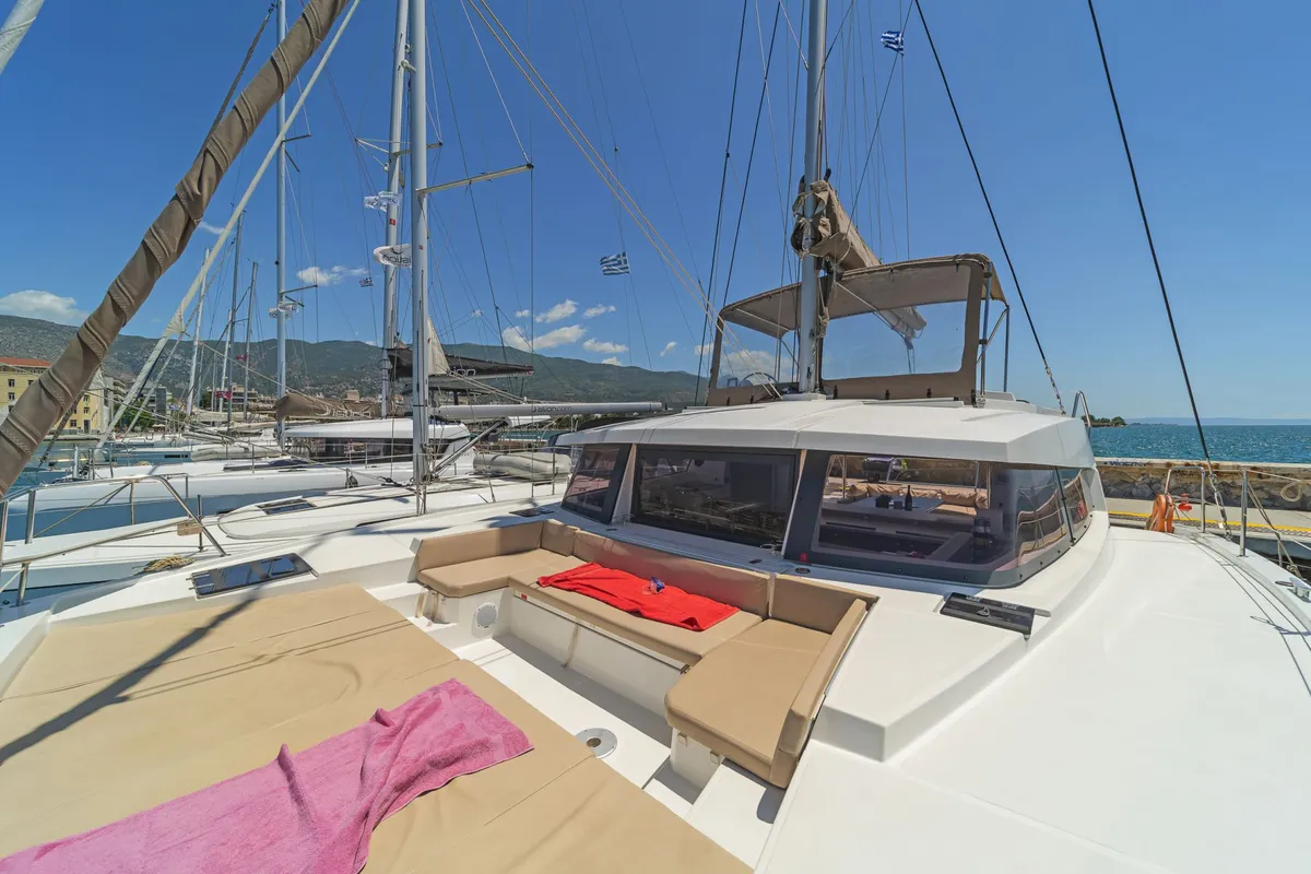 Deck of Princess Bali 4.1, a Bali 4.1 catamaran at Municipal Unit of Lefkada, Greece
