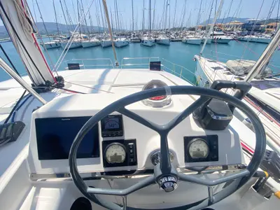 Cockpit of Princess Bali 4.1, a Bali 4.1 catamaran at Municipal Unit of Lefkada, Greece