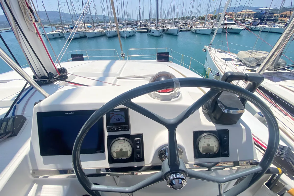 Cockpit of Princess Bali 4.1, a Bali 4.1 catamaran at Municipal Unit of Lefkada, Greece