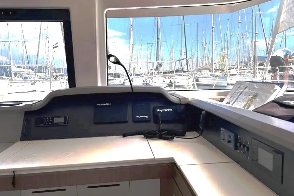 Cockpit of Princess Bali 4.1, a Bali 4.1 catamaran at Municipal Unit of Lefkada, Greece