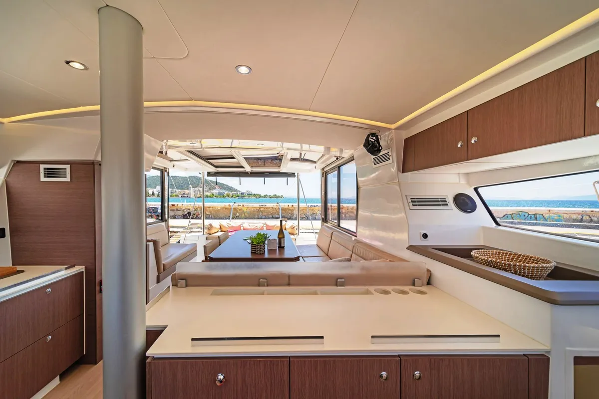 Salon of Princess Bali 4.1, a Bali 4.1 catamaran at Municipal Unit of Lefkada, Greece