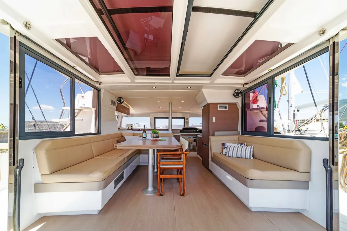 Salon of Princess Bali 4.1, a Bali 4.1 catamaran at Municipal Unit of Lefkada, Greece