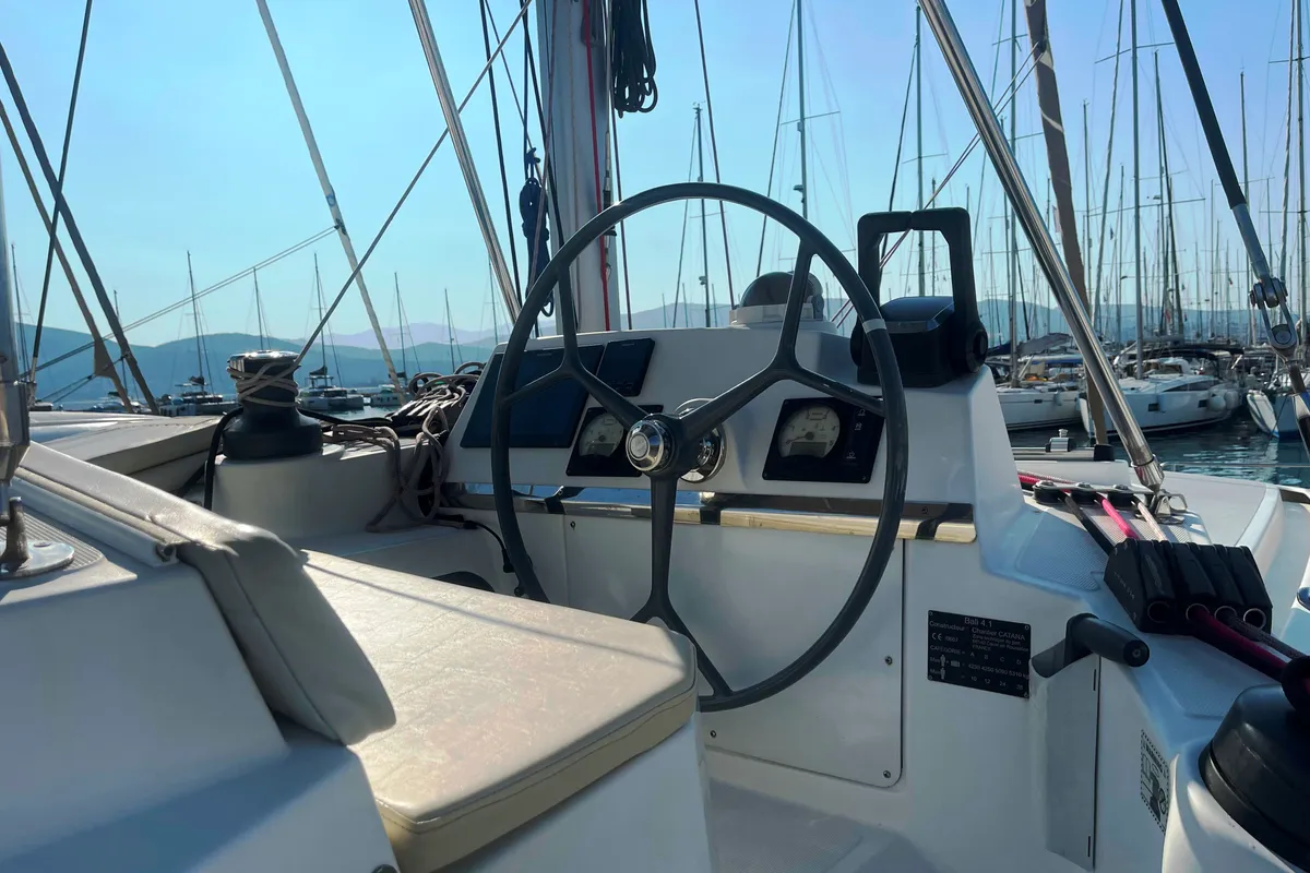Cockpit of Princess Bali 4.1, a Bali 4.1 catamaran at Municipal Unit of Lefkada, Greece