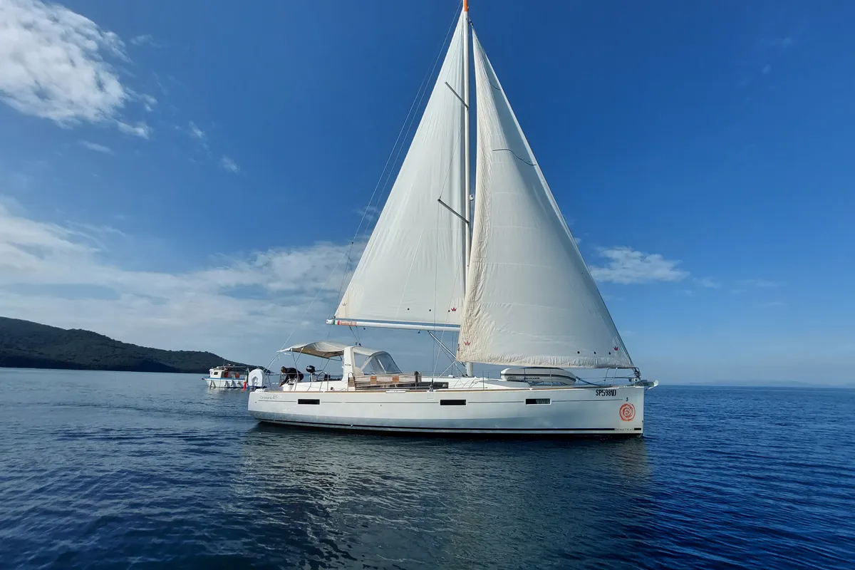 Exterior view of Soffia, a Beneteau Oceanis 45 sailboat at Puntone di Scarlino, Italy